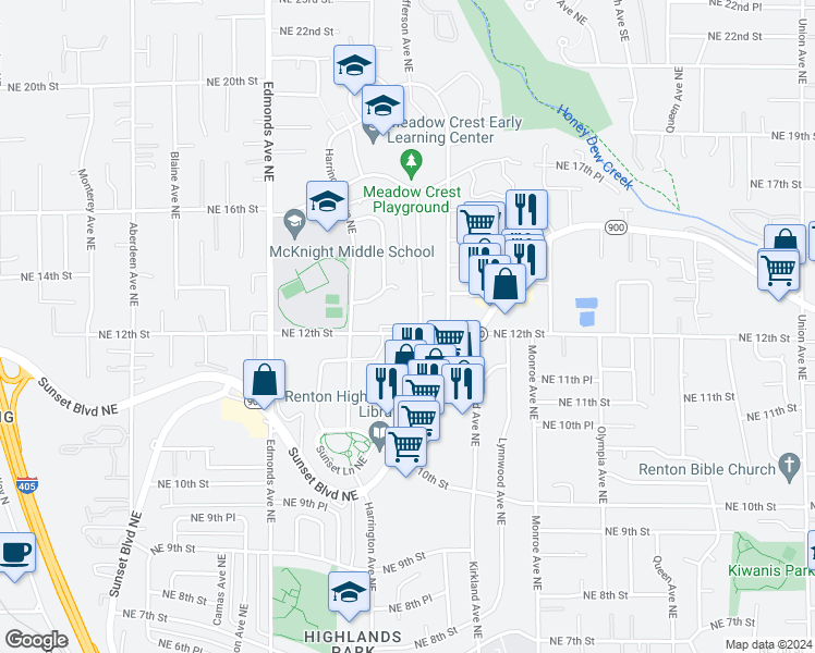 map of restaurants, bars, coffee shops, grocery stores, and more near 1211 Jefferson Avenue Northeast in Renton