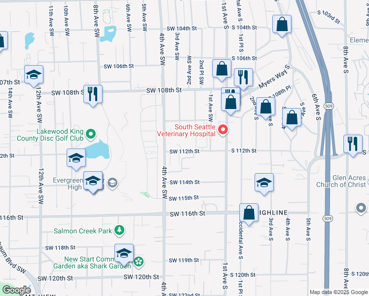 map of restaurants, bars, coffee shops, grocery stores, and more near 206 Southwest 112th Street in Seattle