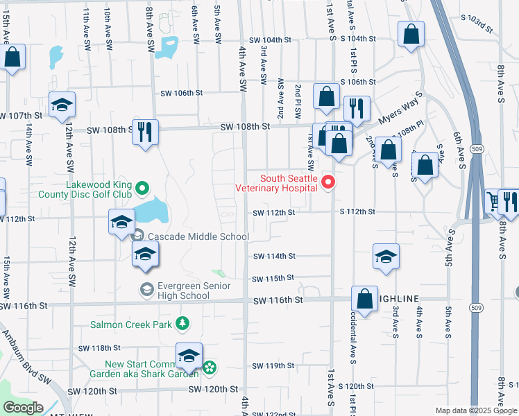 map of restaurants, bars, coffee shops, grocery stores, and more near 11054 4th Avenue Southwest in Seattle
