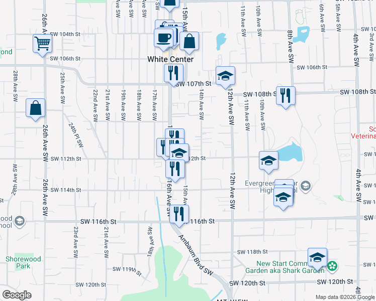 map of restaurants, bars, coffee shops, grocery stores, and more near 11051 14th Avenue Southwest in Seattle