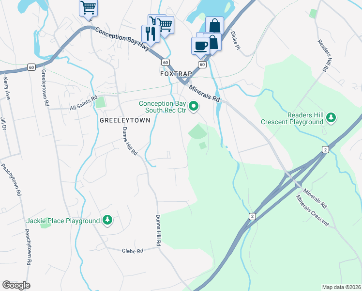 map of restaurants, bars, coffee shops, grocery stores, and more near 44A Rideouts Road in Conception Bay South