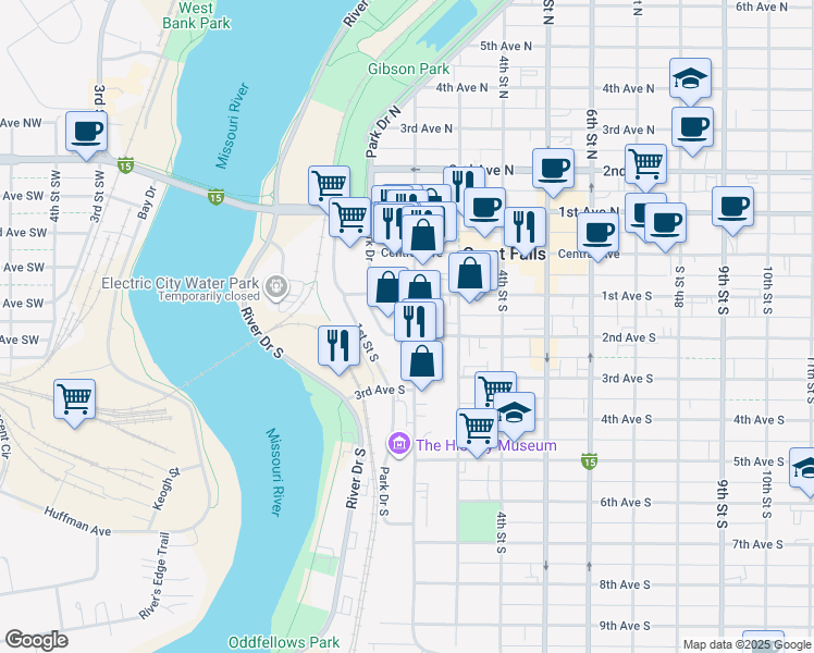 map of restaurants, bars, coffee shops, grocery stores, and more near 110 2nd Street South in Great Falls