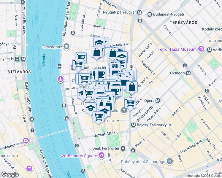 map of restaurants, bars, coffee shops, grocery stores, and more near in Budapest