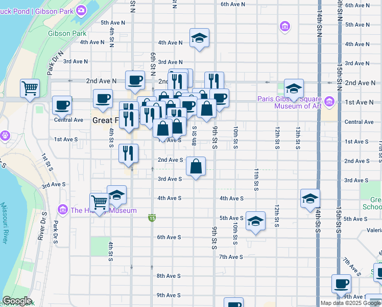 map of restaurants, bars, coffee shops, grocery stores, and more near 719 2nd Avenue South in Great Falls