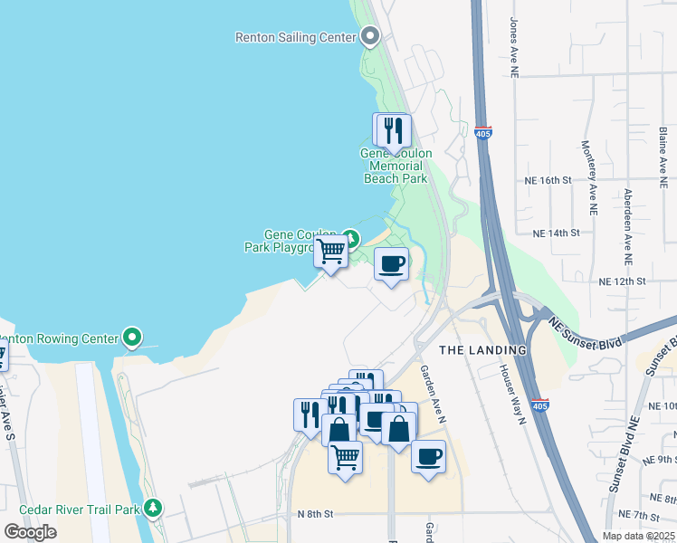 map of restaurants, bars, coffee shops, grocery stores, and more near 1087 Lake Washington Boulevard North in Renton