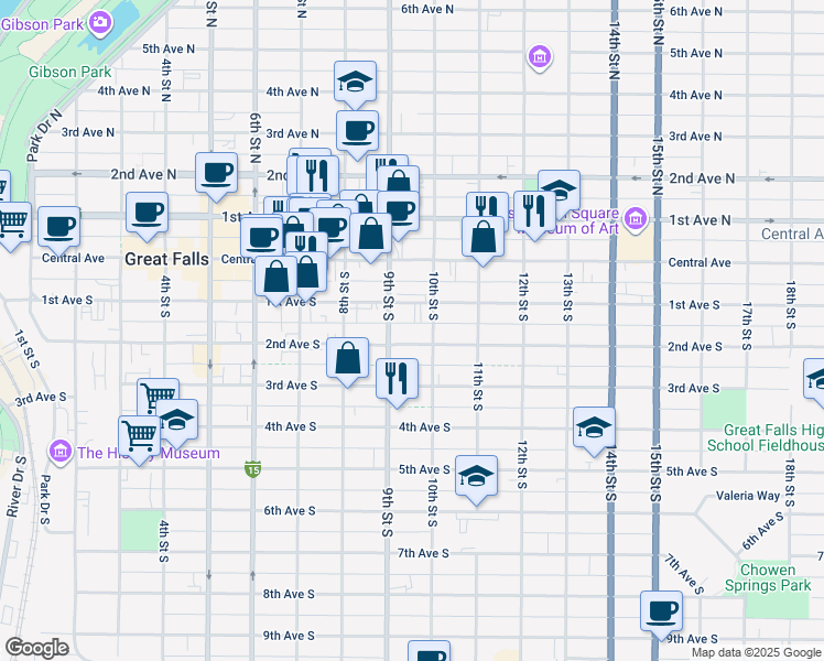 map of restaurants, bars, coffee shops, grocery stores, and more near 919 2nd Avenue South in Great Falls