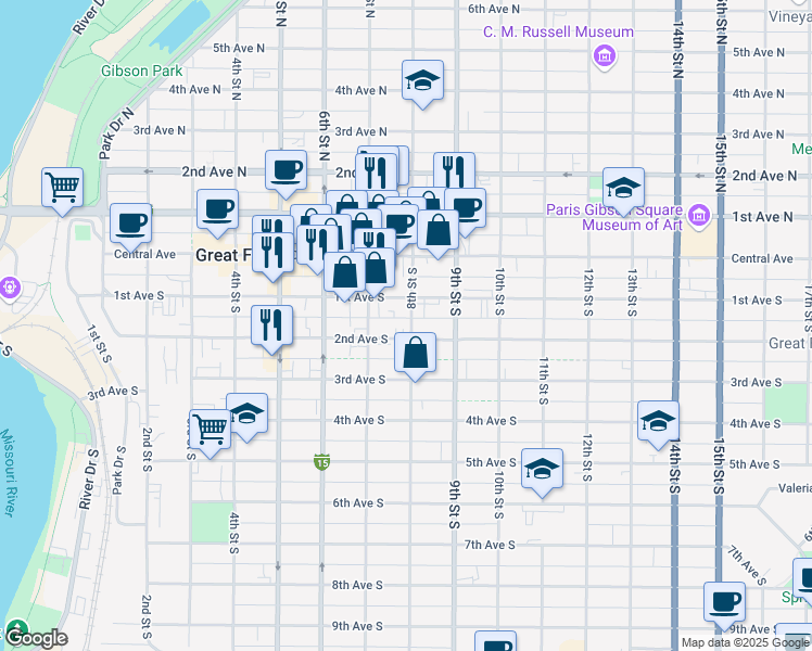 map of restaurants, bars, coffee shops, grocery stores, and more near 719 2nd Avenue South in Great Falls