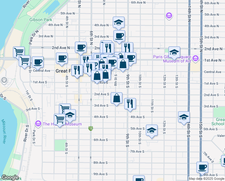 map of restaurants, bars, coffee shops, grocery stores, and more near 719 2nd Avenue South in Great Falls