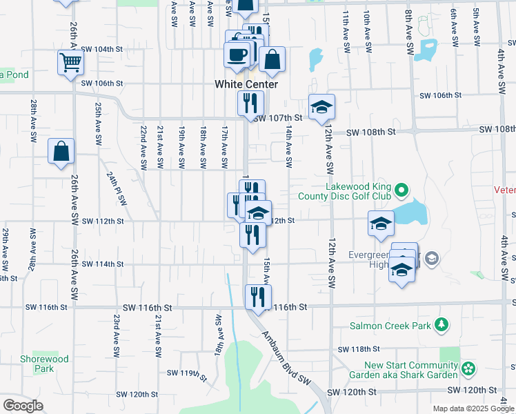 map of restaurants, bars, coffee shops, grocery stores, and more near 11060 16th Avenue Southwest in Seattle