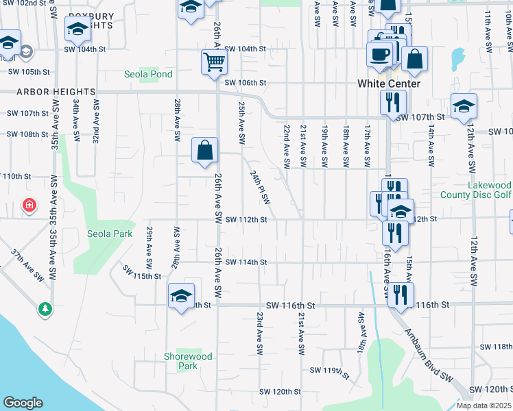 map of restaurants, bars, coffee shops, grocery stores, and more near 11070 25th Avenue Southwest in Seattle