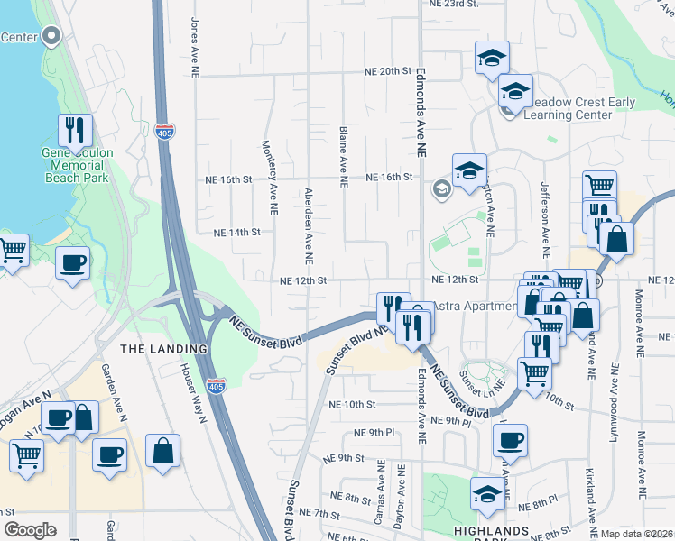 map of restaurants, bars, coffee shops, grocery stores, and more near 2200 Northeast 12th Street in Renton