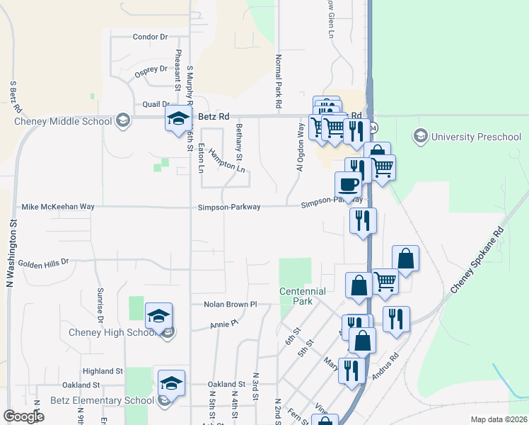 map of restaurants, bars, coffee shops, grocery stores, and more near 327 Simpson-Parkway in Cheney
