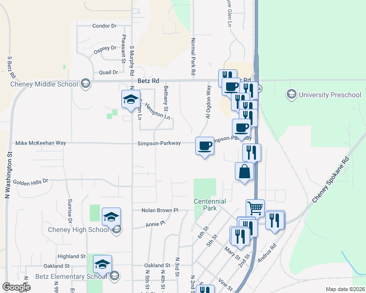 map of restaurants, bars, coffee shops, grocery stores, and more near 327 Simpson-Parkway in Cheney