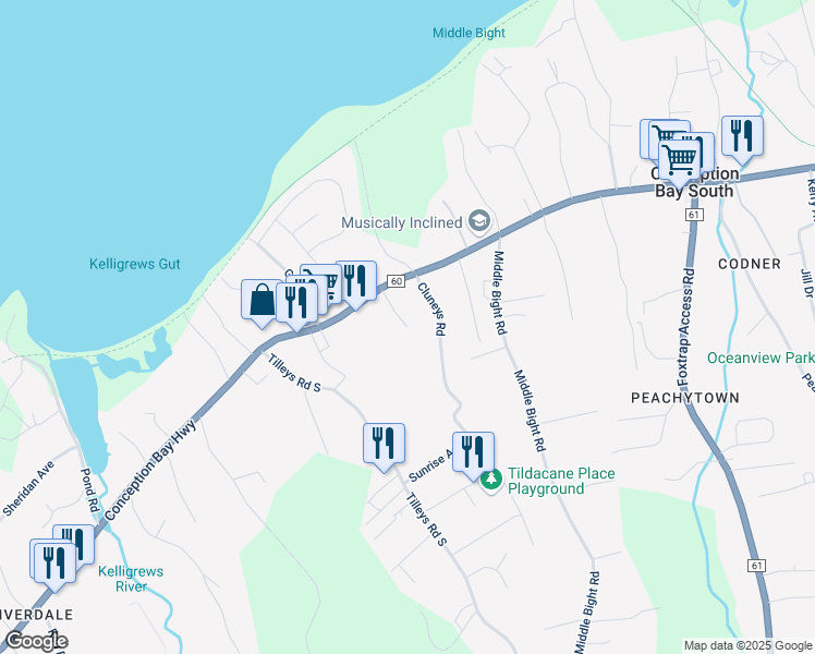 map of restaurants, bars, coffee shops, grocery stores, and more near 15 Granite Place in Conception Bay South
