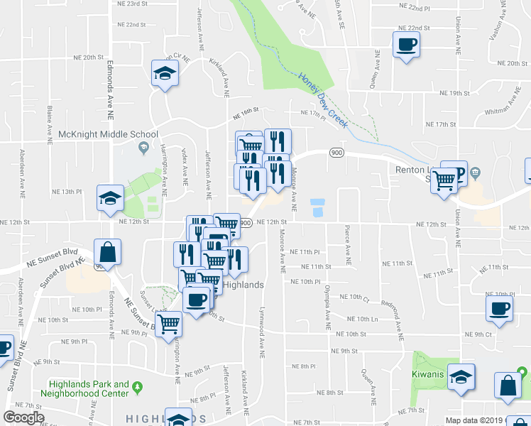 map of restaurants, bars, coffee shops, grocery stores, and more near 3218 Northeast 12th Street in Renton