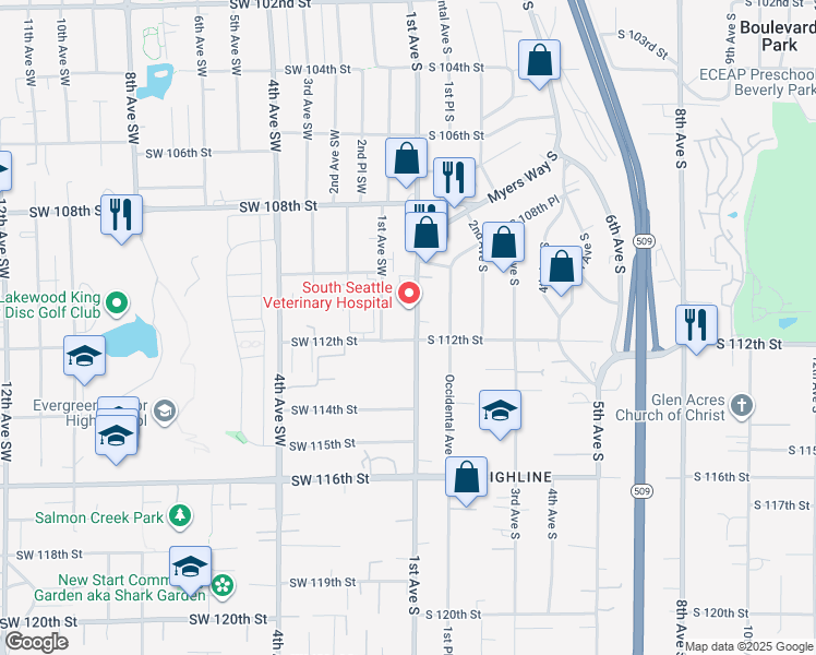 map of restaurants, bars, coffee shops, grocery stores, and more near 11051 1st Avenue South in Seattle