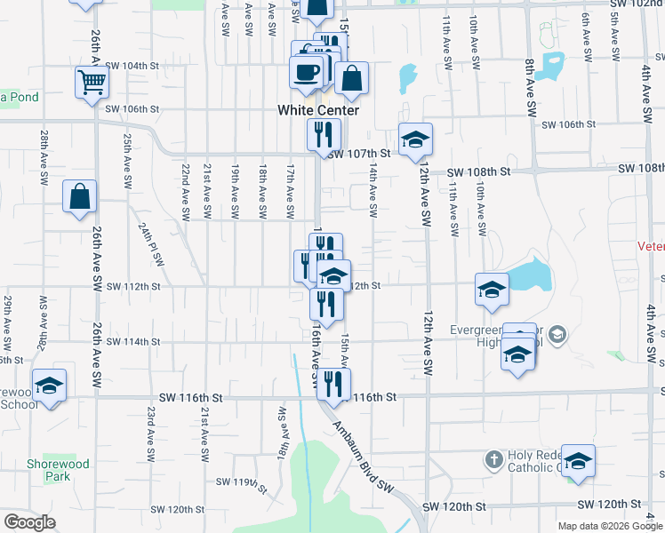 map of restaurants, bars, coffee shops, grocery stores, and more near 11060 16th Avenue Southwest in Seattle