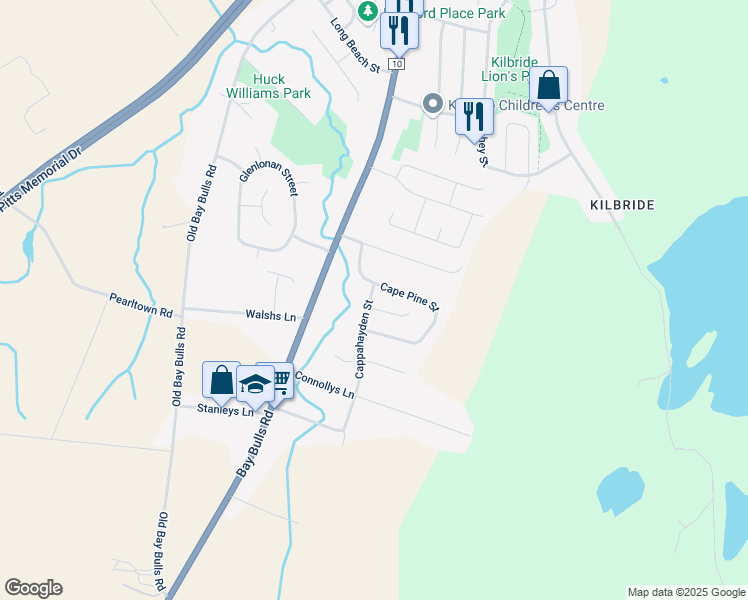 map of restaurants, bars, coffee shops, grocery stores, and more near 1A Cappahayden Street in St. John's