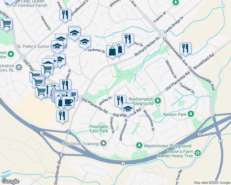 map of restaurants, bars, coffee shops, grocery stores, and more near Murley Drive in Mount Pearl