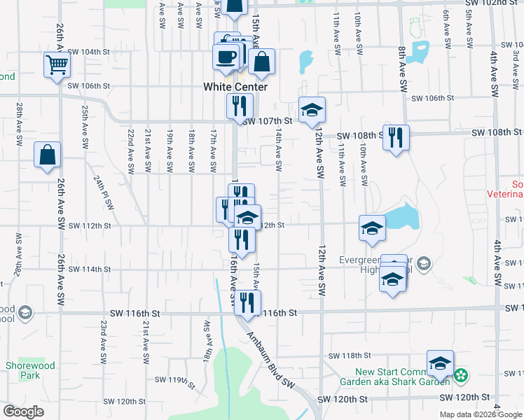 map of restaurants, bars, coffee shops, grocery stores, and more near 11051 14th Avenue Southwest in Seattle