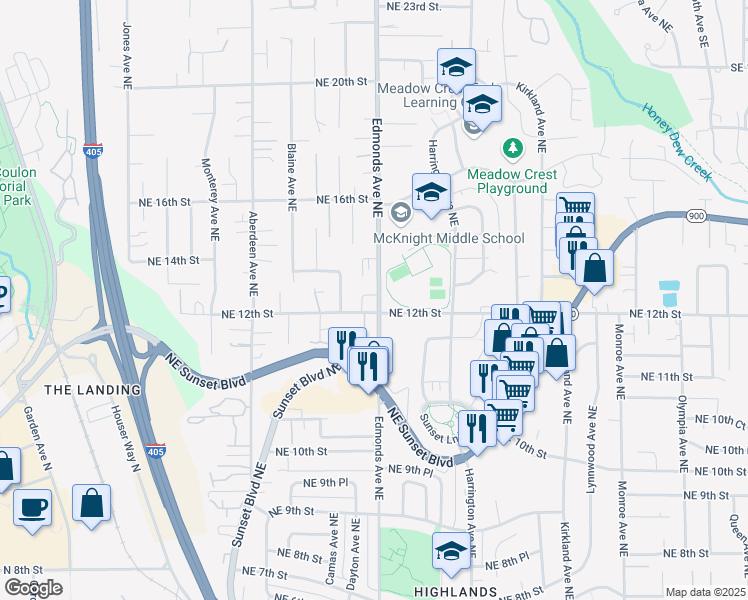 map of restaurants, bars, coffee shops, grocery stores, and more near 2435 Northeast 13th Street in Renton