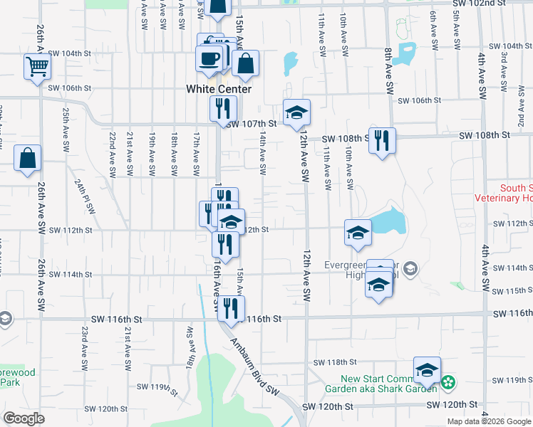 map of restaurants, bars, coffee shops, grocery stores, and more near 11042 14th Avenue Southwest in Seattle