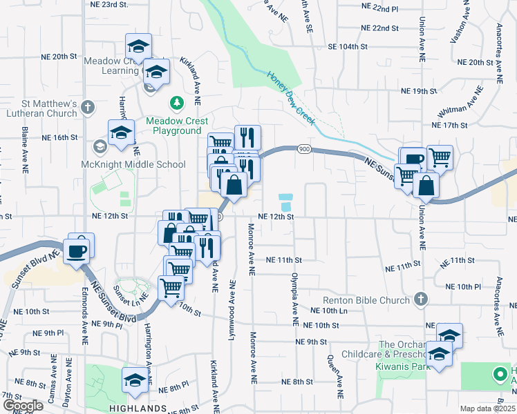map of restaurants, bars, coffee shops, grocery stores, and more near 1209 Monroe Avenue Northeast in Renton
