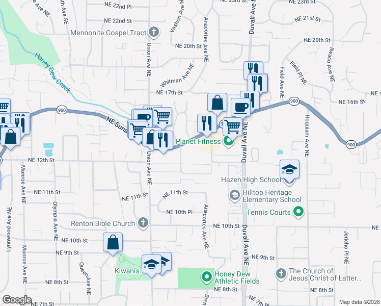 map of restaurants, bars, coffee shops, grocery stores, and more near 4311 Northeast Sunset Boulevard in Renton