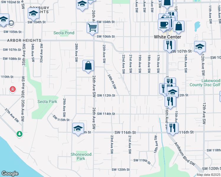 map of restaurants, bars, coffee shops, grocery stores, and more near 11070 25th Avenue Southwest in Seattle