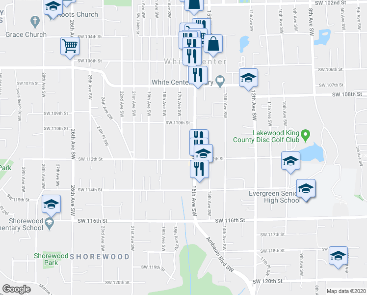 map of restaurants, bars, coffee shops, grocery stores, and more near 11048 17th Avenue Southwest in Burien