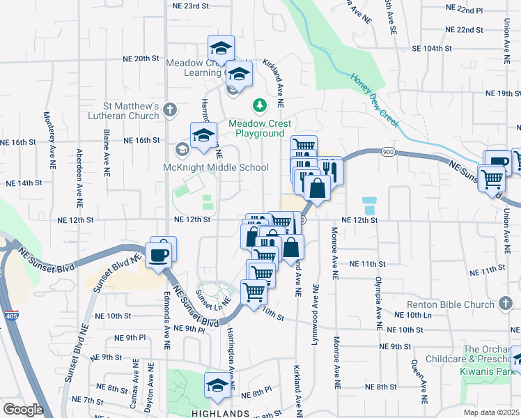 map of restaurants, bars, coffee shops, grocery stores, and more near 1211 Jefferson Avenue Northeast in Renton