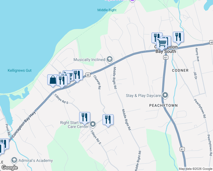 map of restaurants, bars, coffee shops, grocery stores, and more near 22 Woodgrove Acres in Conception Bay South