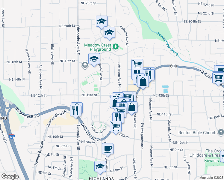 map of restaurants, bars, coffee shops, grocery stores, and more near 2902 Northeast 12th Street in Renton