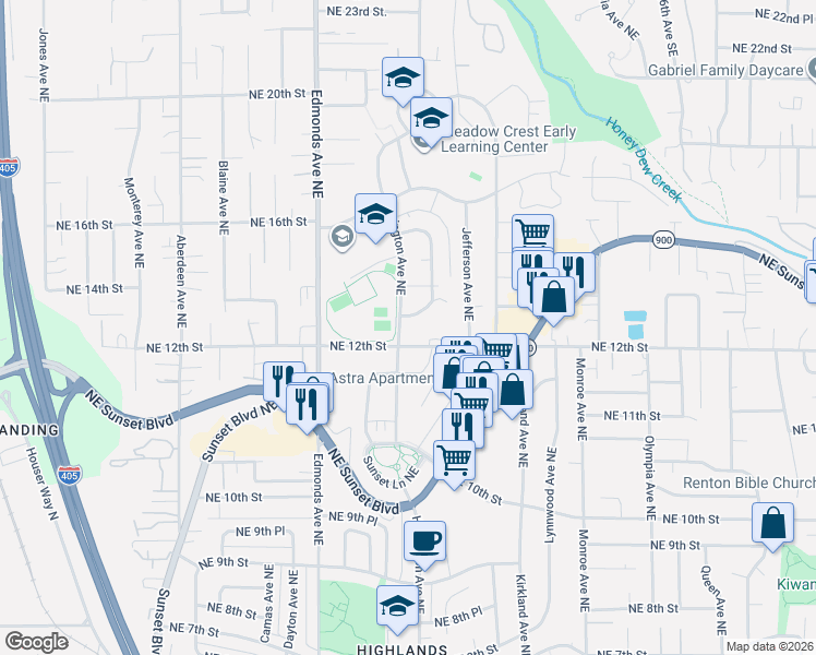 map of restaurants, bars, coffee shops, grocery stores, and more near in Renton