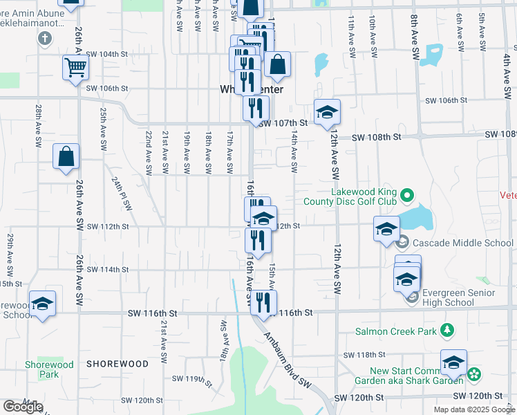 map of restaurants, bars, coffee shops, grocery stores, and more near 11060 16th Avenue Southwest in Seattle