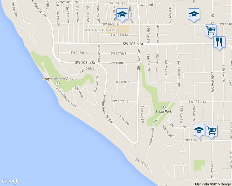 map of restaurants, bars, coffee shops, grocery stores, and more near 3626 Southwest 112th Street in Seattle