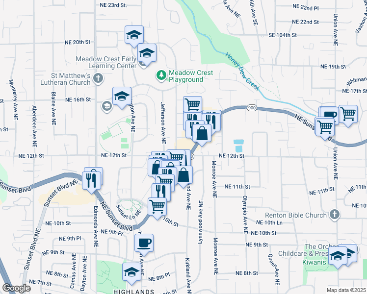 map of restaurants, bars, coffee shops, grocery stores, and more near 3116 Northeast Sunset Boulevard in Renton