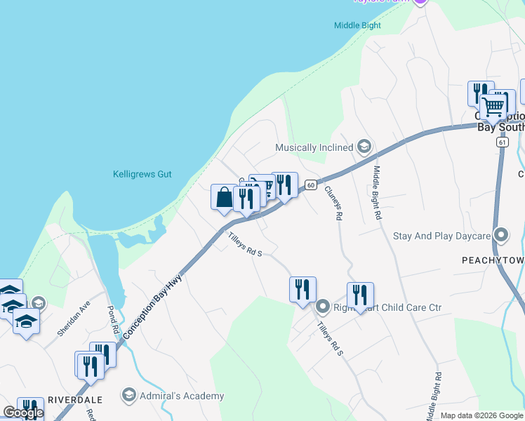 map of restaurants, bars, coffee shops, grocery stores, and more near 682 Conception Bay Highway in Conception Bay South