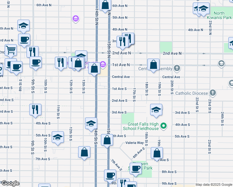 map of restaurants, bars, coffee shops, grocery stores, and more near 1518 1st Avenue South in Great Falls