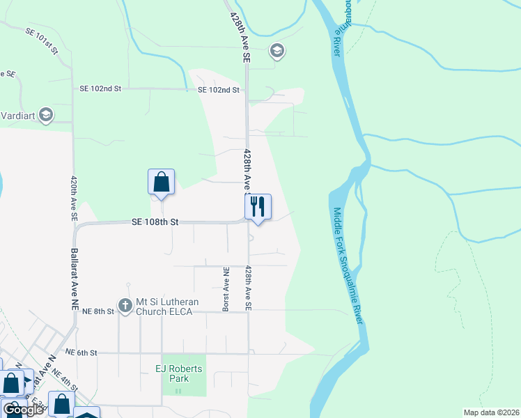 map of restaurants, bars, coffee shops, grocery stores, and more near 10708 428th Avenue Southeast in North Bend