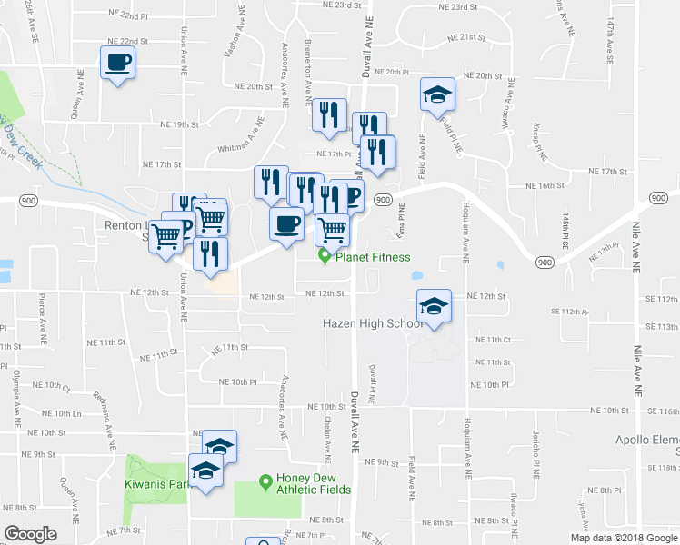 map of restaurants, bars, coffee shops, grocery stores, and more near 4621 Northeast Sunset Boulevard in Renton