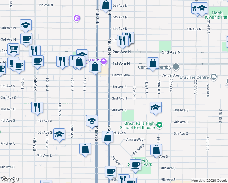 map of restaurants, bars, coffee shops, grocery stores, and more near 1518 1st Avenue South in Great Falls