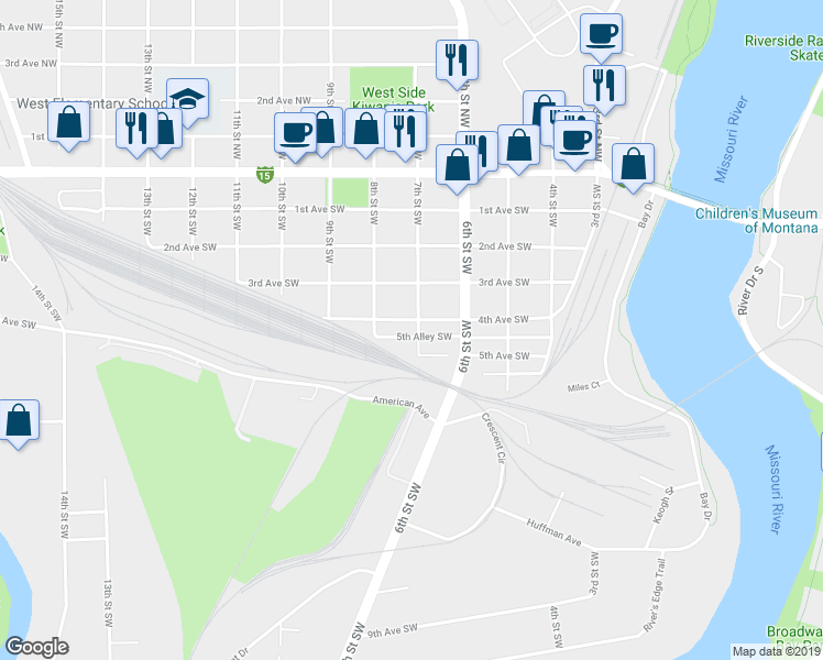 map of restaurants, bars, coffee shops, grocery stores, and more near 408 7th Street Southwest in Great Falls