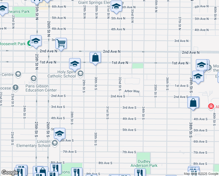 map of restaurants, bars, coffee shops, grocery stores, and more near 3100 1st Avenue South in Great Falls