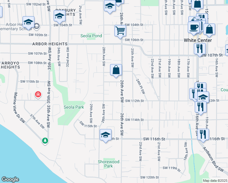 map of restaurants, bars, coffee shops, grocery stores, and more near 11041 26th Avenue Southwest in Seattle