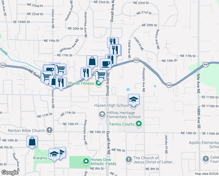 map of restaurants, bars, coffee shops, grocery stores, and more near 4621 Northeast Sunset Boulevard in Renton