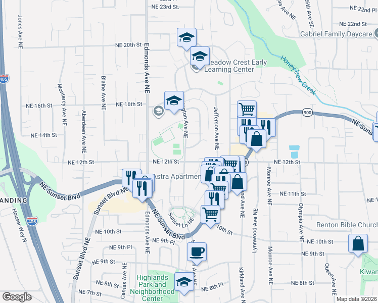 map of restaurants, bars, coffee shops, grocery stores, and more near in Renton