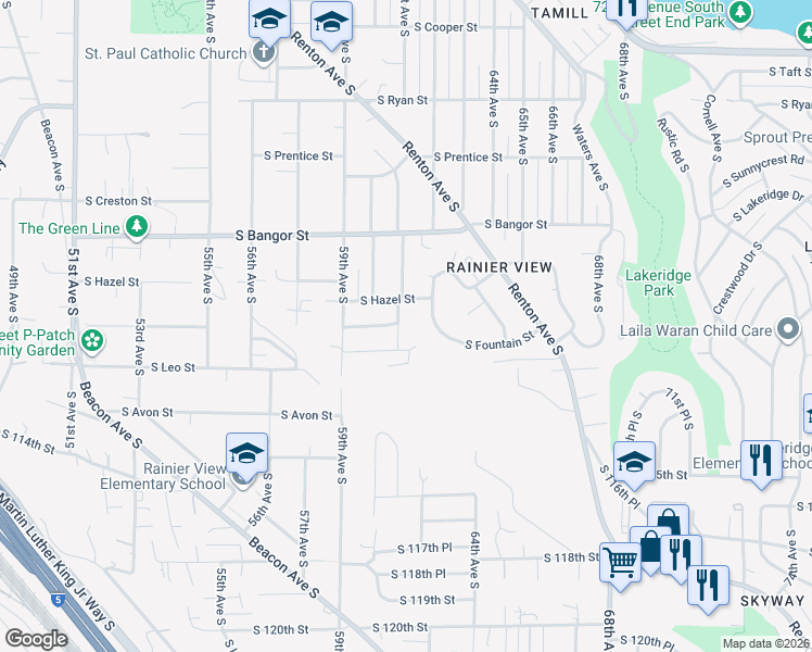 map of restaurants, bars, coffee shops, grocery stores, and more near 5945 South Eastwood Drive in Seattle