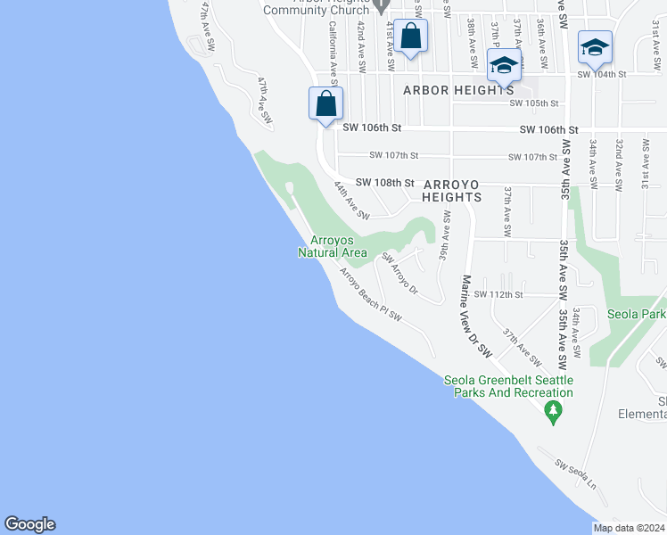 map of restaurants, bars, coffee shops, grocery stores, and more near 11033 Arroyo Beach Place Southwest in Seattle