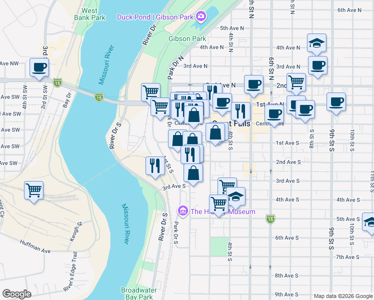 map of restaurants, bars, coffee shops, grocery stores, and more near 104 2nd Street South in Great Falls
